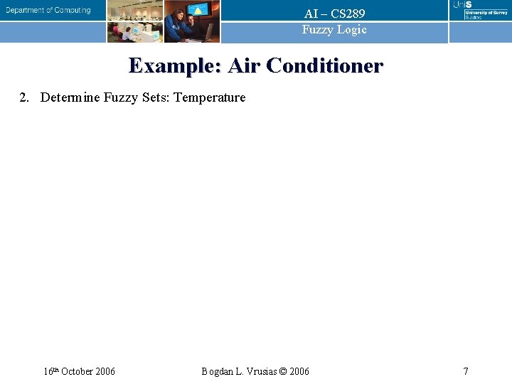 AI – CS 289 Fuzzy Logic Example: Air Conditioner 2. Determine Fuzzy Sets: Temperature