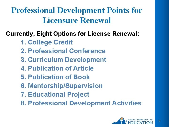 Professional Development Points for Licensure Renewal Currently, Eight Options for License Renewal: 1. College Professional Development Points for Licensure Renewal Currently, Eight Options for License Renewal: 1. College