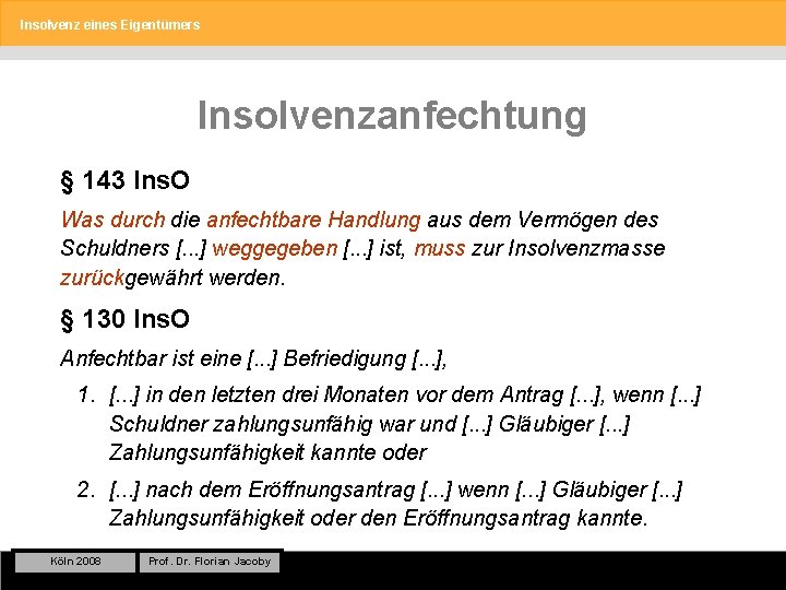 Insolvenz eines Eigentümers Insolvenzanfechtung § 143 Ins. O Was durch die anfechtbare Handlung aus