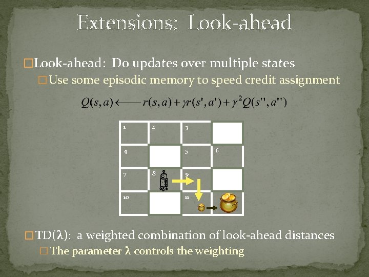 Extensions: Look-ahead �Look-ahead: Do updates over multiple states � Use some episodic memory to