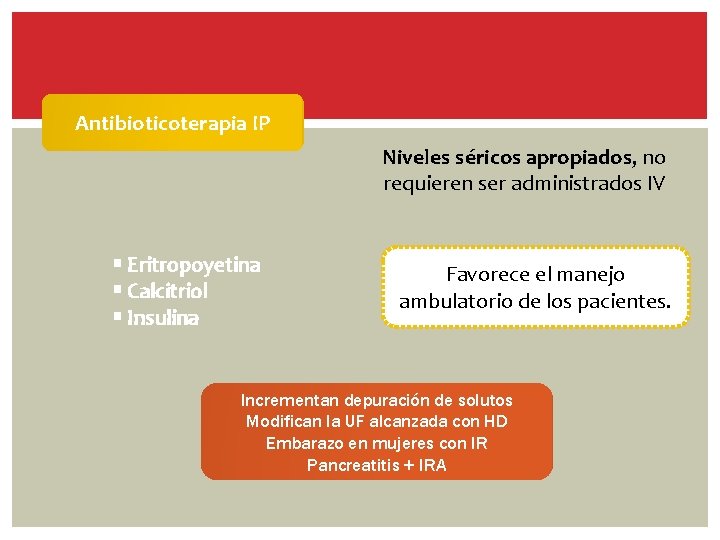 Antibioticoterapia IP Niveles séricos apropiados, no requieren ser administrados IV § Eritropoyetina § Calcitriol