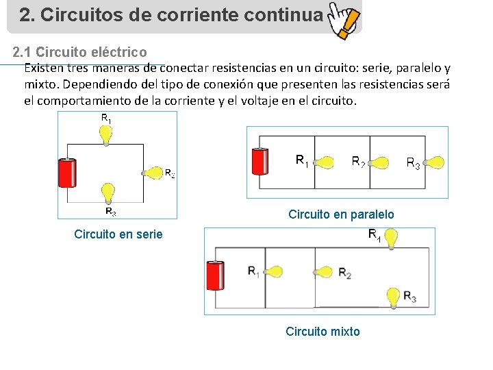 2. Circuitos de corriente continua 2. 1 Circuito eléctrico Existen tres maneras de conectar