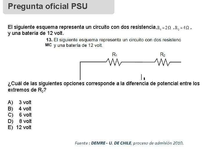 Pregunta oficial PSU El siguiente esquema representa un circuito con dos resistencia, y una