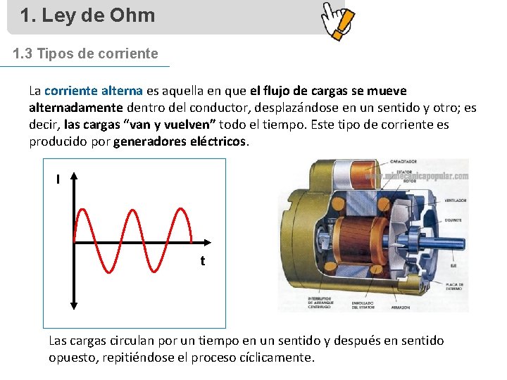 1. Ley de Ohm 1. 3 Tipos de corriente La corriente alterna es aquella