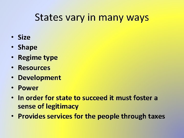 States vary in many ways Size Shape Regime type Resources Development Power In order