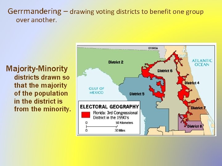 Gerrmandering – drawing voting districts to benefit one group over another. Majority-Minority districts drawn