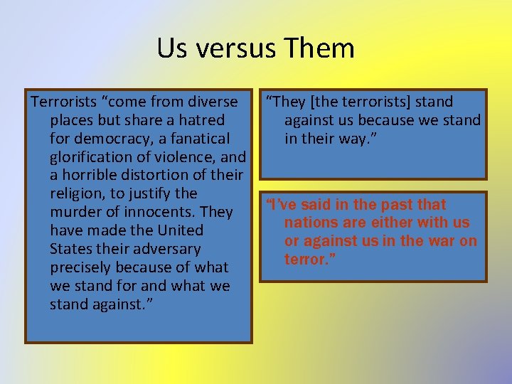 Us versus Them Terrorists “come from diverse “They [the terrorists] stand places but share