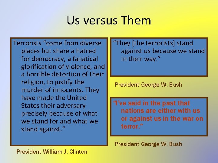 Us versus Them Terrorists “come from diverse “They [the terrorists] stand places but share