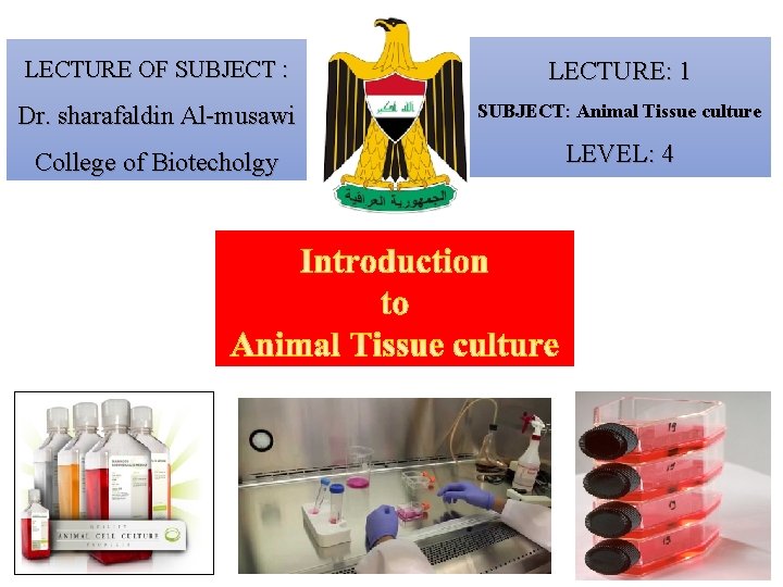 LECTURE OF SUBJECT : LECTURE: 1 Dr. sharafaldin Al-musawi SUBJECT: Animal Tissue culture :