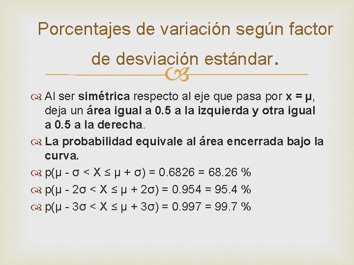 Porcentajes de variación según factor de desviación estándar. Al ser simétrica respecto al eje