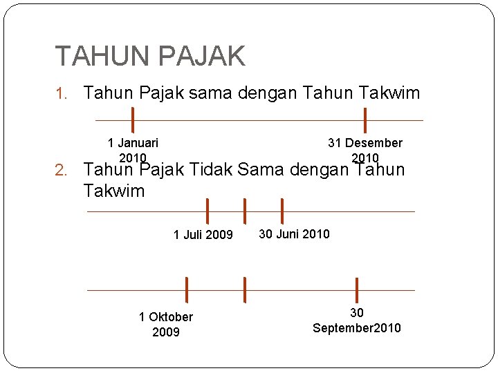 TAHUN PAJAK 1. Tahun Pajak sama dengan Tahun Takwim 1 Januari 2010 31 Desember