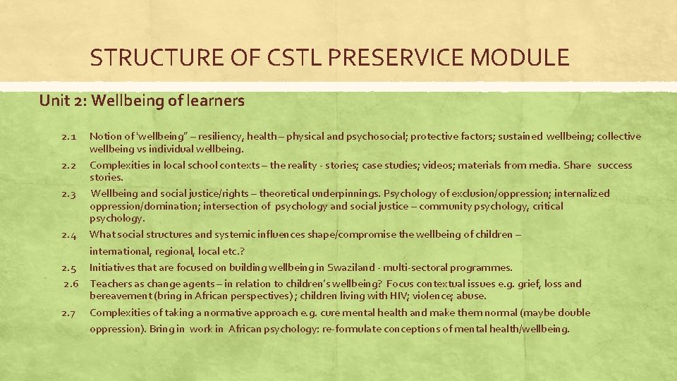 STRUCTURE OF CSTL PRESERVICE MODULE Unit 2: Wellbeing of learners 2. 1 Notion of