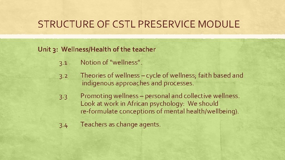 STRUCTURE OF CSTL PRESERVICE MODULE Unit 3: Wellness/Health of the teacher 3. 1 Notion