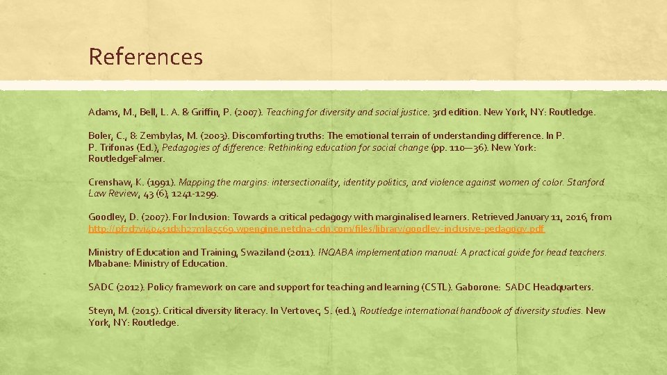 References Adams, M. , Bell, L. A. & Griffin, P. (2007). Teaching for diversity