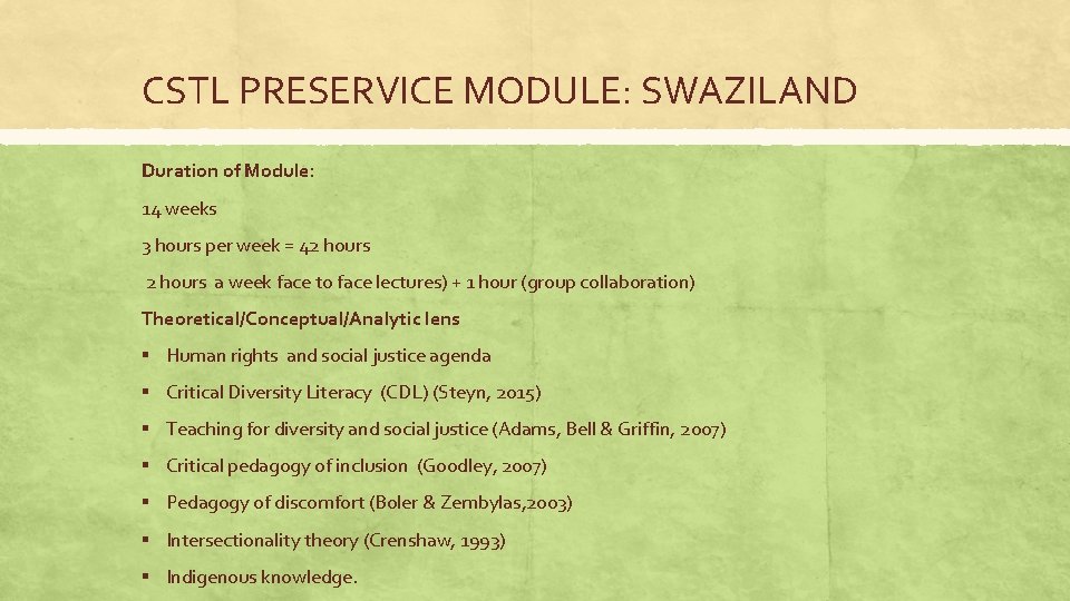 CSTL PRESERVICE MODULE: SWAZILAND Duration of Module: 14 weeks 3 hours per week =