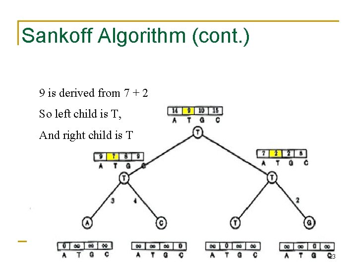 Sankoff Algorithm (cont. ) 9 is derived from 7 + 2 So left child