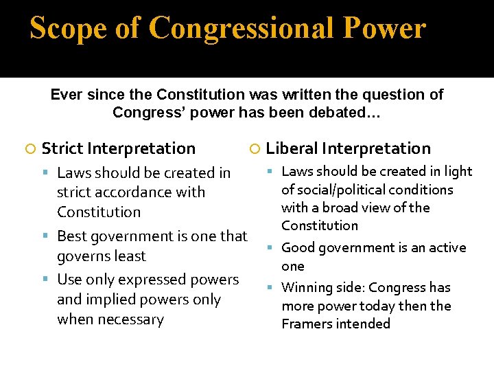 Scope of Congressional Power Ever since the Constitution was written the question of Congress’