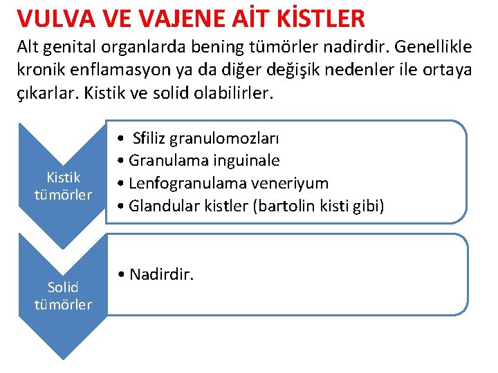 VULVA VE VAJENE AİT KİSTLER Alt genital organlarda bening tümörler nadirdir. Genellikle kronik enflamasyon