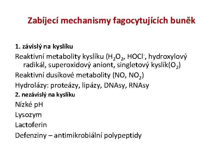 Zabíjecí mechanismy fagocytujících buněk 1. závislý na kyslíku Reaktivní metabolity kyslíku (H 2 O