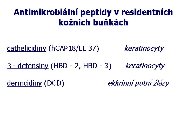 Antimikrobiální peptidy v residentních kožních buňkách cathelicidiny (h. CAP 18/LL 37) keratinocyty b -