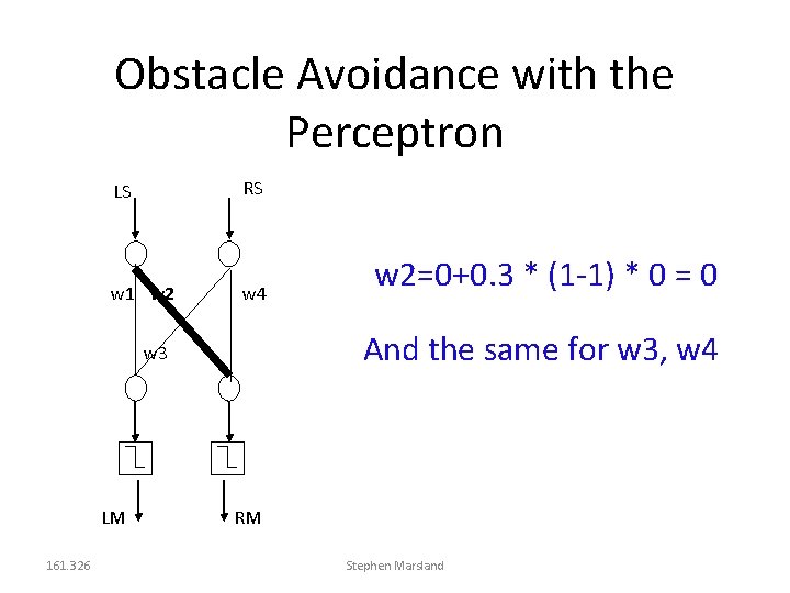 Obstacle Avoidance with the Perceptron RS LS w 1 w 2 w 4 And