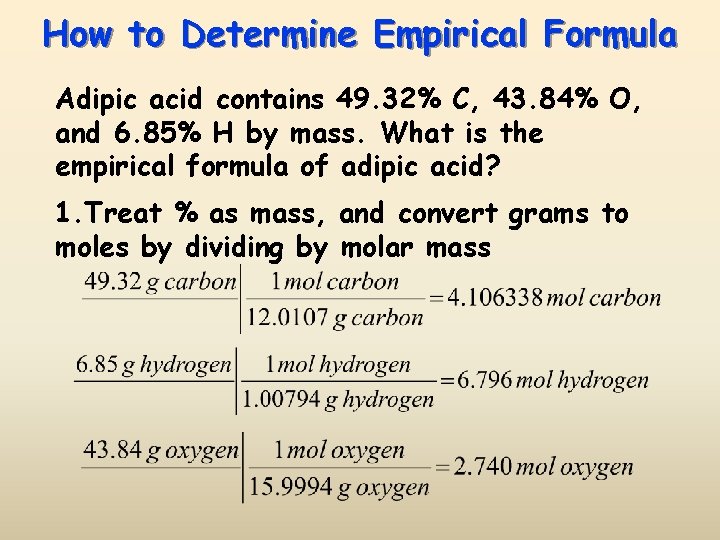 How to Determine Empirical Formula Adipic acid contains 49. 32% C, 43. 84% O,