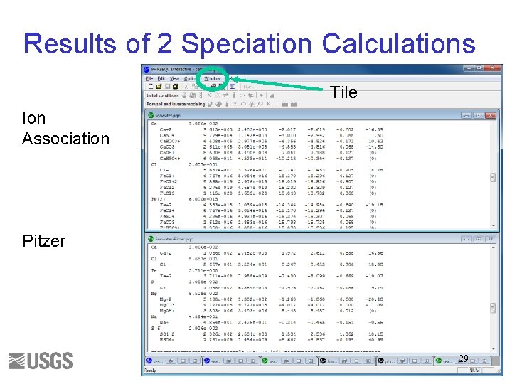 Results of 2 Speciation Calculations Tile Ion Association Pitzer 29 