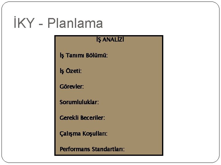 İKY - Planlama İŞ ANALİZİ İş Tanımı Bölümü: İş Özeti: Görevler: Sorumluluklar: Gerekli Beceriler: