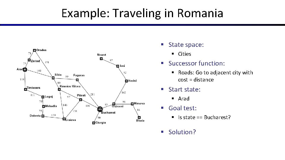 Example: Traveling in Romania § State space: § Cities § Successor function: § Roads: Example: Traveling in Romania § State space: § Cities § Successor function: § Roads: