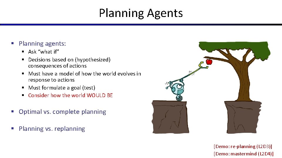 Planning Agents § Planning agents: § Ask “what if” § Decisions based on (hypothesized) Planning Agents § Planning agents: § Ask “what if” § Decisions based on (hypothesized)