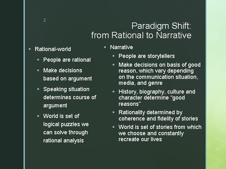 z Paradigm Shift: from Rational to Narrative § Rational-world § People are rational §