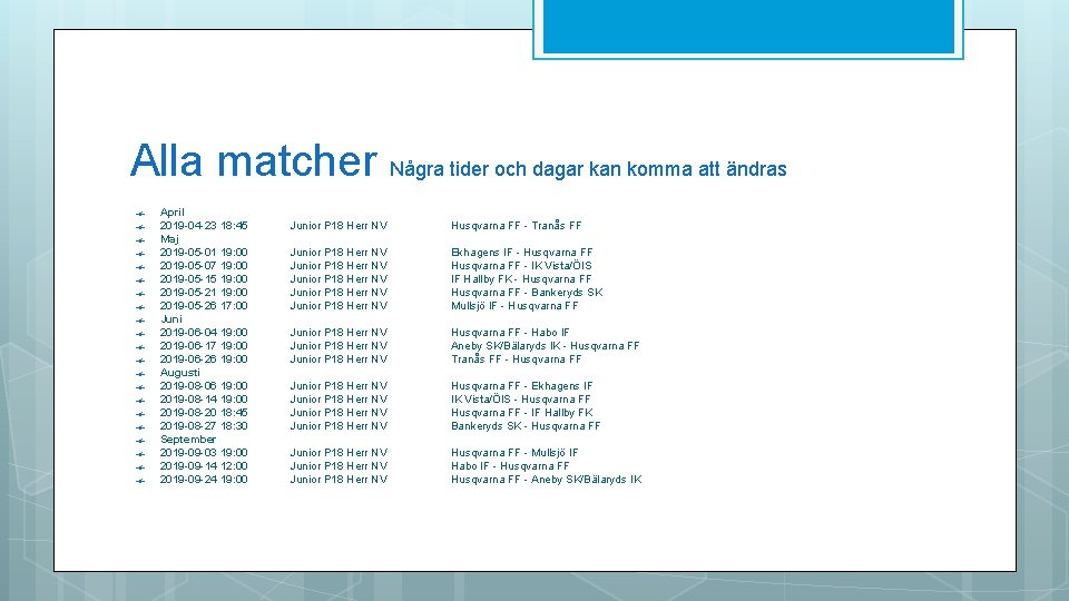 Alla matcher Några tider och dagar kan komma att ändras April 2019 -04 -23 Alla matcher Några tider och dagar kan komma att ändras April 2019 -04 -23