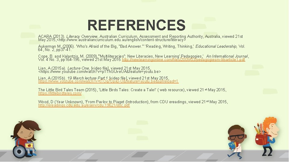 REFERENCES ACARA (2013). Literacy Overview, Australian Curriculum, Assessment and Reporting Authority, Australia, viewed 21 REFERENCES ACARA (2013). Literacy Overview, Australian Curriculum, Assessment and Reporting Authority, Australia, viewed 21