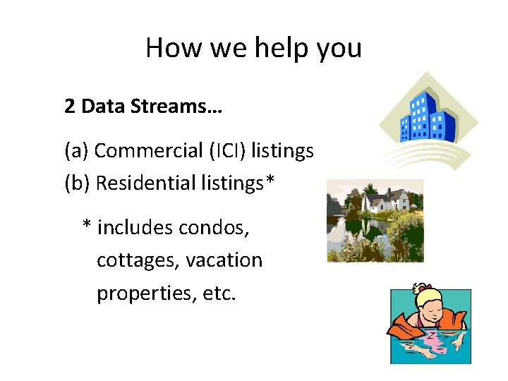 How we help you 2 Data Streams… (a) Commercial (ICI) listings (b) Residential listings*