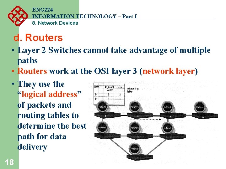 ENG 224 INFORMATION TECHNOLOGY – Part I 8. Network Devices d. Routers • Layer ENG 224 INFORMATION TECHNOLOGY – Part I 8. Network Devices d. Routers • Layer