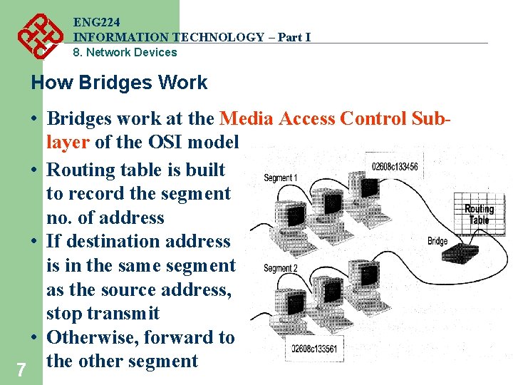 ENG 224 INFORMATION TECHNOLOGY – Part I 8. Network Devices How Bridges Work • ENG 224 INFORMATION TECHNOLOGY – Part I 8. Network Devices How Bridges Work •