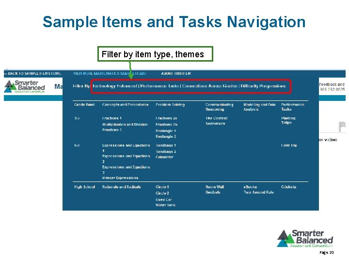 Sample Items and Tasks Navigation Filter by item type, themes Page 20 