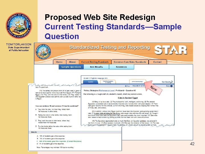 Proposed Web Site Redesign Current Testing Standards—Sample Question TOM TORLAKSON State Superintendent of Public