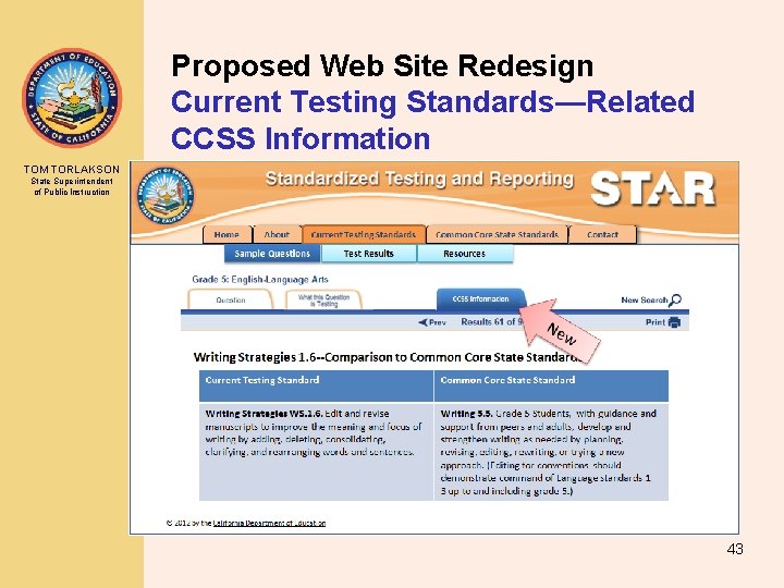 Proposed Web Site Redesign Current Testing Standards—Related CCSS Information TOM TORLAKSON State Superintendent of