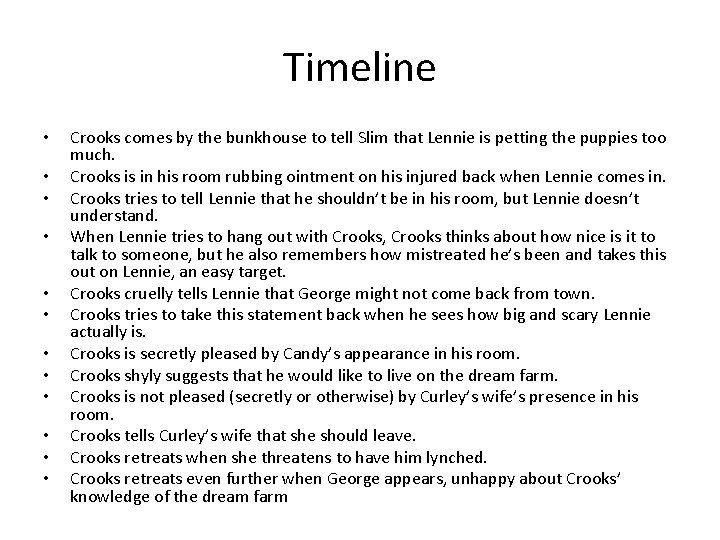 Timeline • • • Crooks comes by the bunkhouse to tell Slim that Lennie