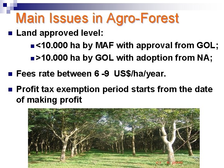 Main Issues in Agro-Forest n Land approved level: n <10. 000 ha by MAF