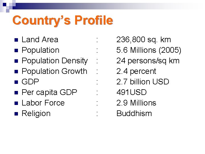 Country’s Profile n n n n Land Area Population Density Population Growth GDP Per