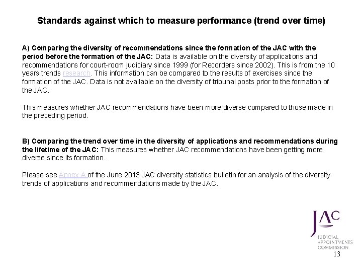 Standards against which to measure performance (trend over time) A) Comparing the diversity of