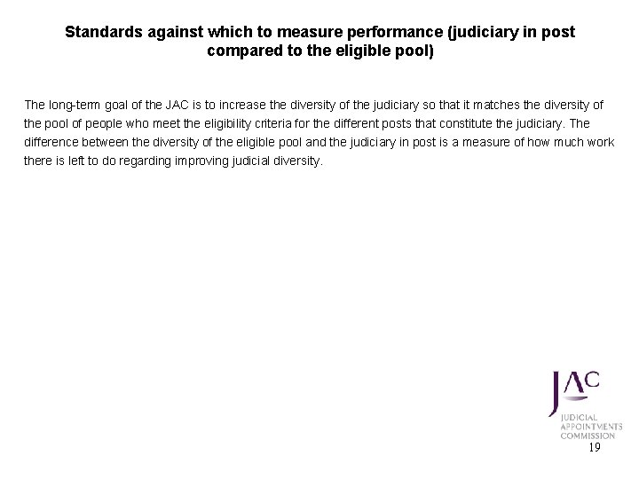 Standards against which to measure performance (judiciary in post compared to the eligible pool)