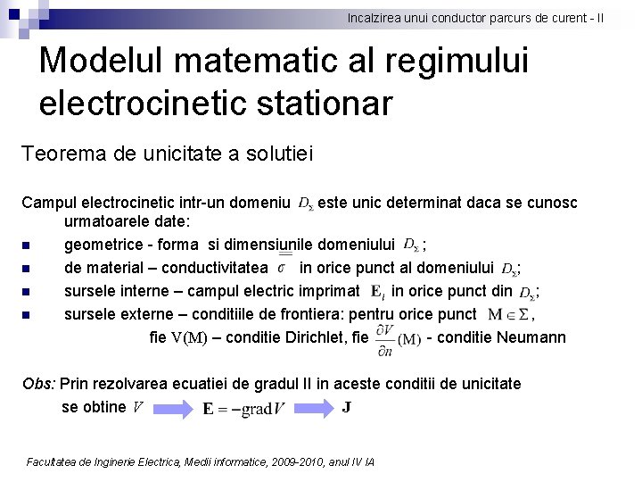 Incalzirea unui conductor parcurs de curent - II Modelul matematic al regimului electrocinetic stationar