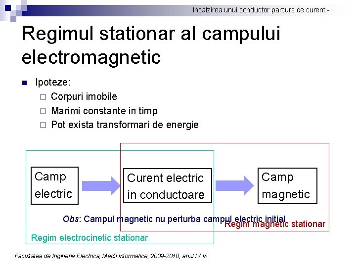 Incalzirea unui conductor parcurs de curent - II Regimul stationar al campului electromagnetic n