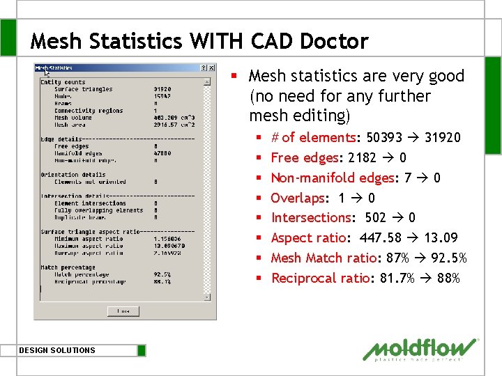 Mesh Statistics WITH CAD Doctor § Mesh statistics are very good (no need for