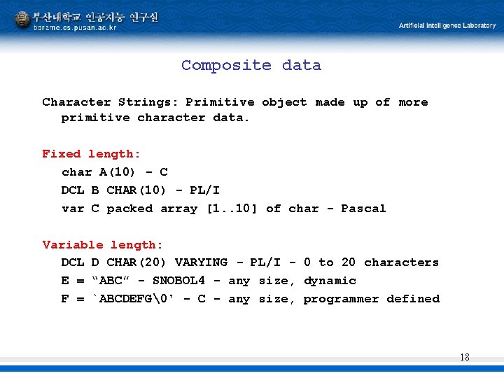 Composite data Character Strings: Primitive object made up of more primitive character data. Fixed