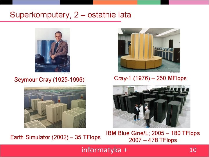 Superkomputery, 2 – ostatnie lata Seymour Cray (1925 -1996) Earth Simulator (2002) – 35
