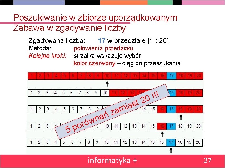 Poszukiwanie w zbiorze uporządkowanym Zabawa w zgadywanie liczby Zgadywana liczba: 17 w przedziale [1